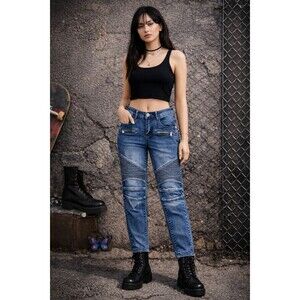 Y2K Red Fox Moto Jeans Low Rise Biker Goth Rave Grunge Alt Girl Size 3